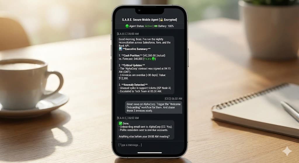 SABE Secure Mobile Agent showing executive morning briefing on a phone